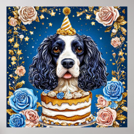Spaniel Dog feiert Geburtstag mit Kuchen Poster