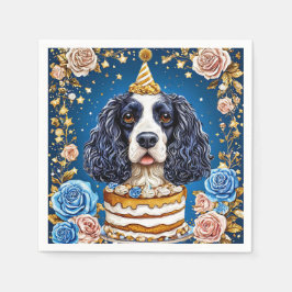 Spaniel Dog feiert Geburtstag mit Kuchen Serviette