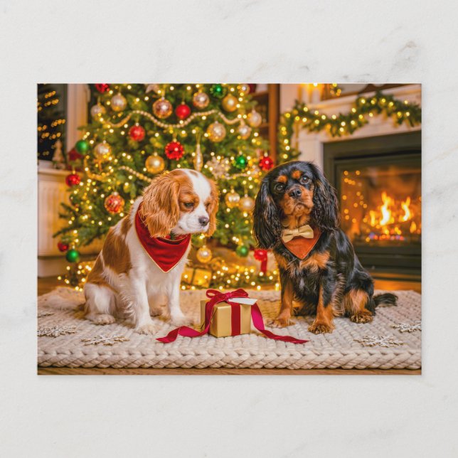 Spaniel-Duo an gemütlichem Weihnachtsbaum Postkarte (Vorderseite)