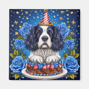 Spaniel Hund feiert Geburtstag mit festlicher Hut Magnet