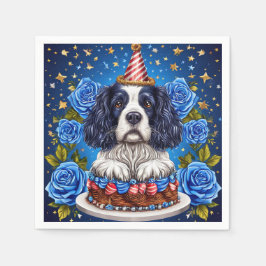 Spaniel Hund feiert Geburtstag mit festlicher Hut Serviette