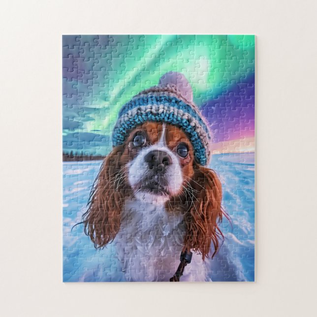 Spaniel Under Northern Lights Norway Puzzle (Vertikal)