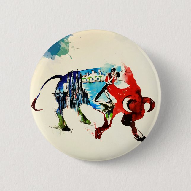 Spanien Bull Vintage Liebe Wasserfarbe Button (Vorderseite)