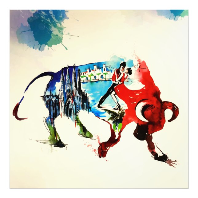 Spanien Bull Vintage Liebe Wasserfarbe Fotodruck (Vorne)