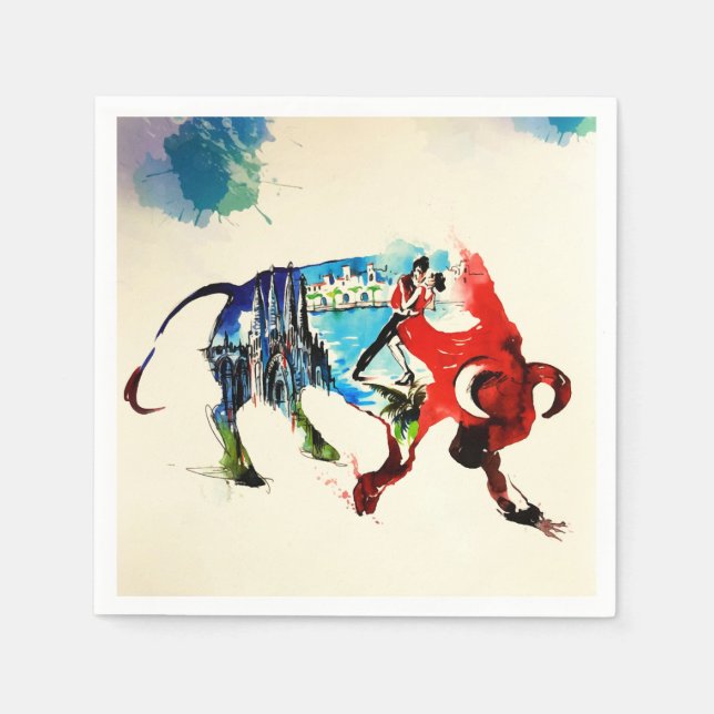 Spanien Bull Vintage Liebe Wasserfarbe Serviette (Vorderseite)