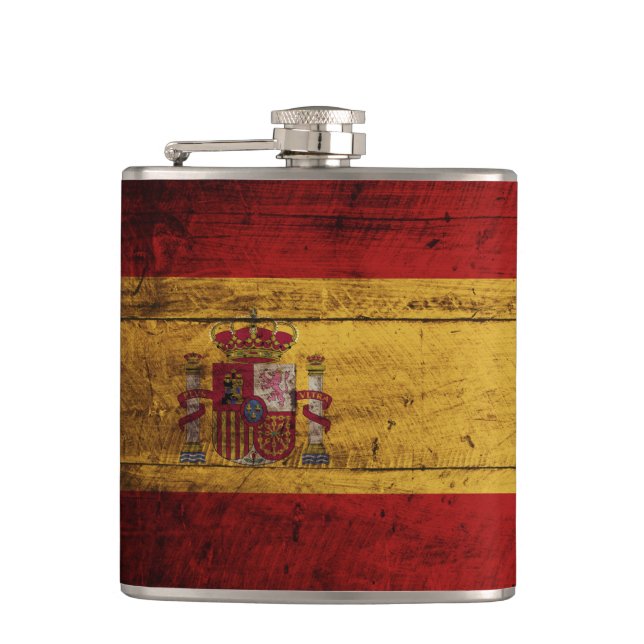 Spanien-Flagge auf altem hölzernem Korn Flachmann (Vorderseite)