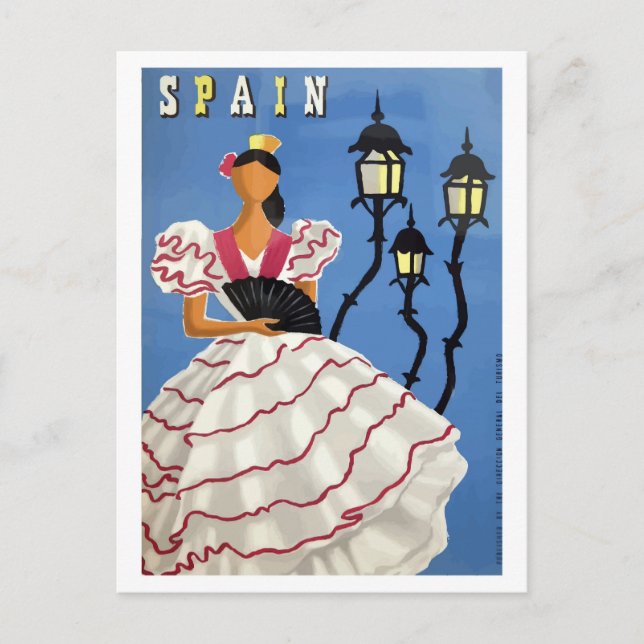 Spanien, Illustration, Mädchen in Tracht und Lampe Postkarte (Vorderseite)