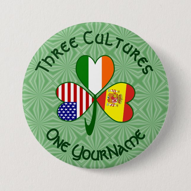 Spanien Irland USA Flaggen Kleeblatt Ihr Name Button (Vorderseite)