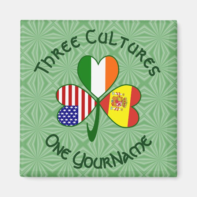 Spanien Irland USA Flaggen Kleeblatt Ihr Name Magnet (Vorne)