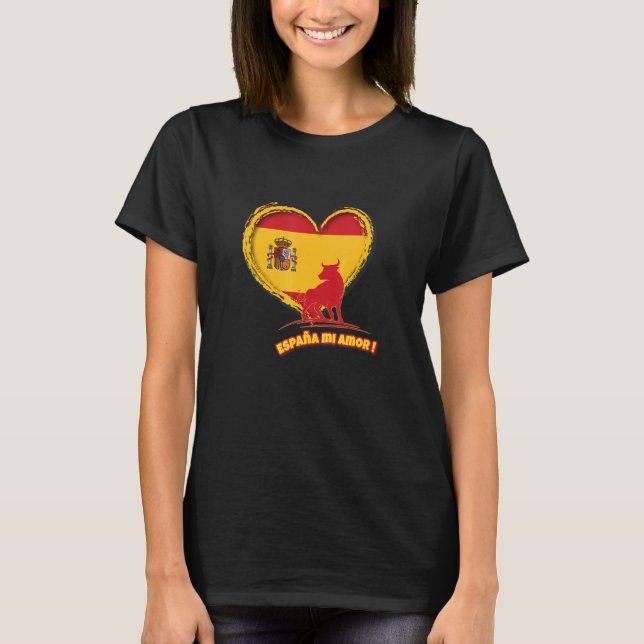 Spanien mi amour mit Herzflagge und Stier T-Shirt (Vorderseite)