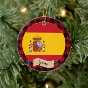 Spanien, rotes Büffel, karierte und spanische Flag Keramik Ornament