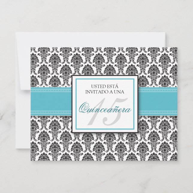 SPANISCH Aqua Damask Quinceñera Invitación Einladung (Vorderseite)