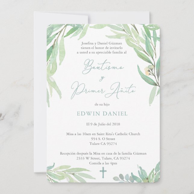 Spanisch Bautizo Boy Taufe und erster Geburtstag Einladung (Vorderseite)