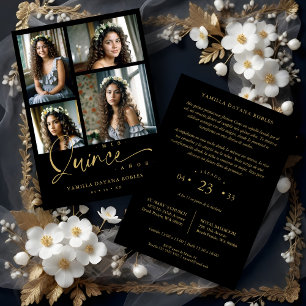Spanisch Black Trendy Quinceañera Collage 4 Fotos Einladung