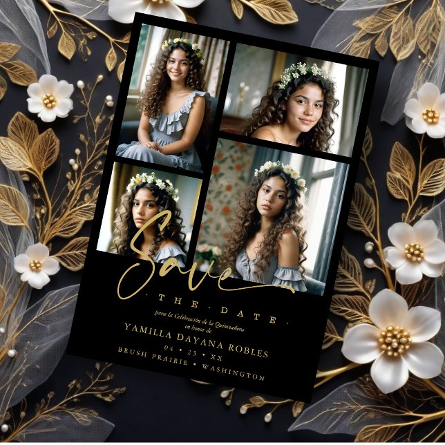 Spanisch Black Trendy Quinceañera Collage 4 Fotos Save The Date (Spanish Black Trendy Quinceañera Collage 4 Photos Save the Date Card.)