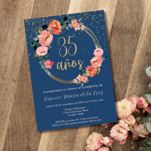 Spanisch Blau Elegante Blumenparty zum 35. Geburts Einladung