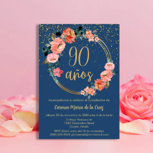 Spanisch Blau Elegante Blumenparty zum 90. Geburts Einladung