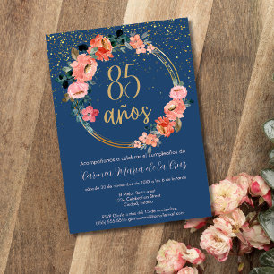Spanisch Blau Gold Rosa Floral 85. Geburtstagsfeie Einladung