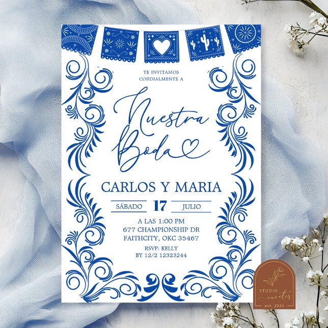 Spanisch blaue Talavera-Rahmen Nuestra Boda Einladung (Von Creator hochgeladen)