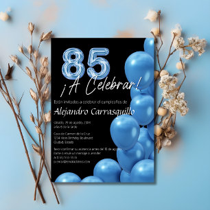 Spanisch Blue Balloons Sleek Black 85. Geburtstag Einladung
