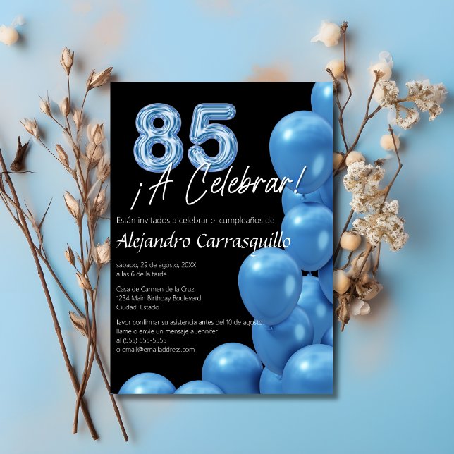 Spanisch Blue Balloons Sleek Black 85. Geburtstag Einladung (Von Creator hochgeladen)