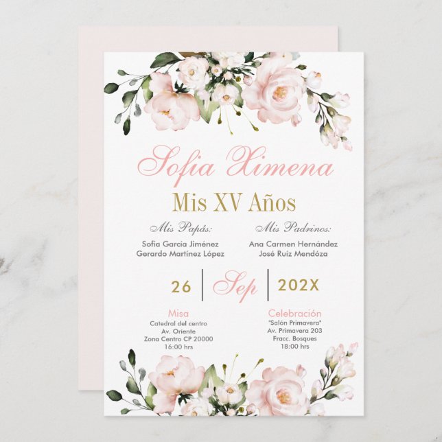 Spanisch Blütenpink Floral Quinceanera Einladung (Vorne/Hinten)