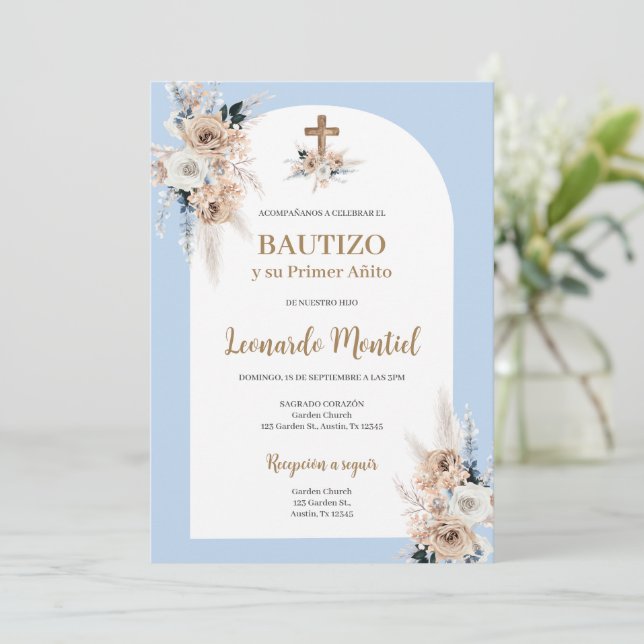 Spanisch Boho Taufe Blumenladen Einladung (Stehend Vorderseite)