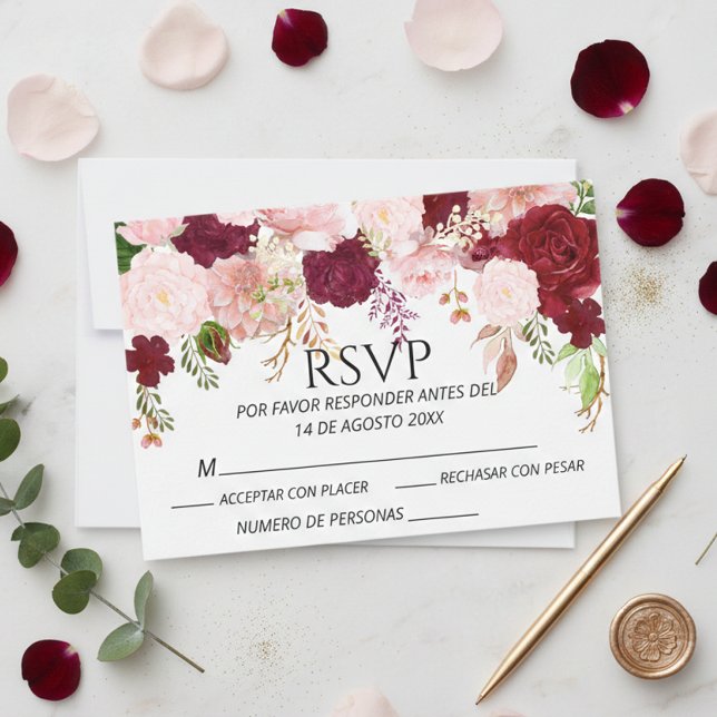 Spanisch Burgundy Blush Pink Bloral UAWG wedding RSVP Karte (Von Creator hochgeladen)