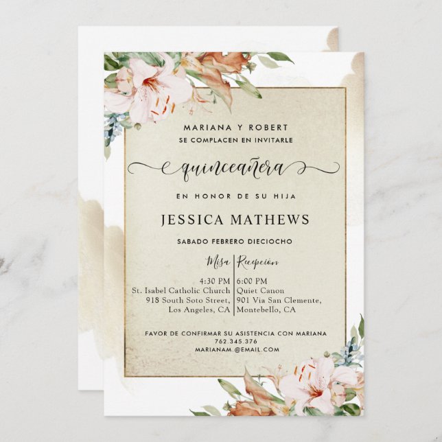 Spanisch, Champagner und Blush Quinceñera Einladung (Vorne/Hinten)