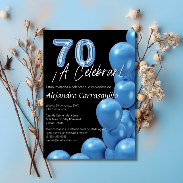 Spanisch Cool Blue Balloons Black 70. Geburtstag Einladung (Von Creator hochgeladen)