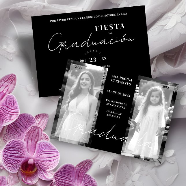 Spanisch Dann jetzt Minimal Schwarz-weiß 2 Fotos G Einladung (Spanish Chic Then & Now Minimal Black & White 2 Photos Graduation Invitation with Envelope.)