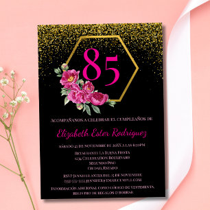 Spanisch Elegant Black Gold & Pink 85. Geburtstag Einladung