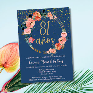 Spanisch Elegant Blau Rosa Blumen 81. Geburtstag Einladung