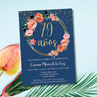 Spanisch Elegant Blue Pink Floral 79. Geburtstag Einladung