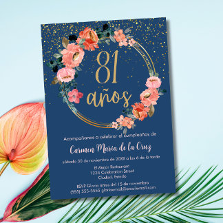 Spanisch Elegant Blue Pink Floral 81. Geburtstag Einladung