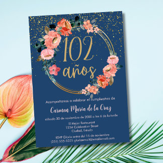Spanisch Elegant Chic Blue Pink 102. Geburtstag Einladung