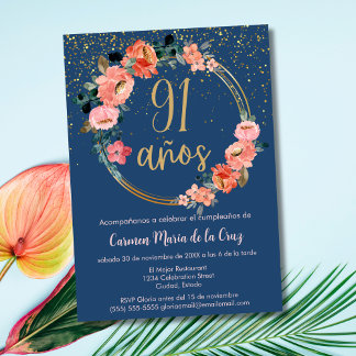 Spanisch Elegant Chic Blue Pink 91. Geburtstag Einladung