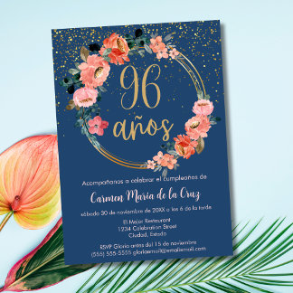 Spanisch Elegant Chic Blue Pink 96. Geburtstag Einladung