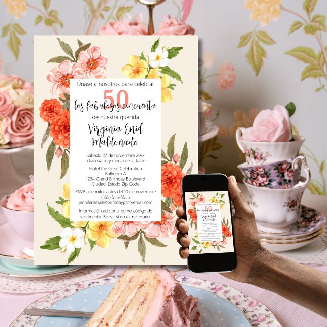 Spanisch Elegant Florals White Frame 50. Geburtsta Einladung (Von Creator hochgeladen)