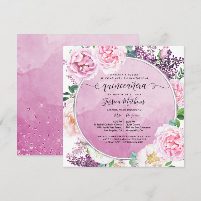 Spanisch: Elegant Fuchsia Floral Quinceñera Einladung (Vorne/Hinten)