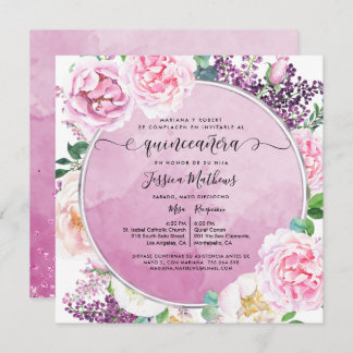 Spanisch: Elegant Fuchsia Floral Quinceñera Einladung