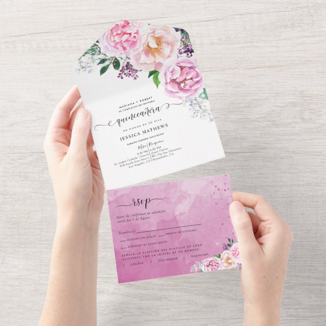 Spanisch, Elegant Fuchsia, Hot Pink Quinceñera All In One Einladung (Abreißen)