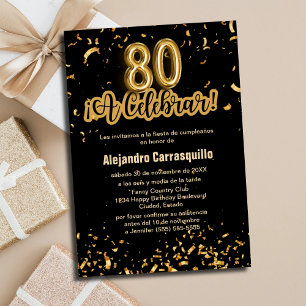 Spanisch Elegant Schwarz & Gold Konfetti 80. Gebur Einladung