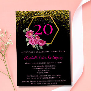Spanisch Elegant Schwarz Gold Rosa 20. Geburtstag Einladung