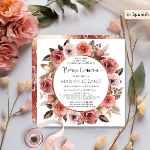 Spanisch, Erste Kommunion, Rosen Gold Blumen Einladung