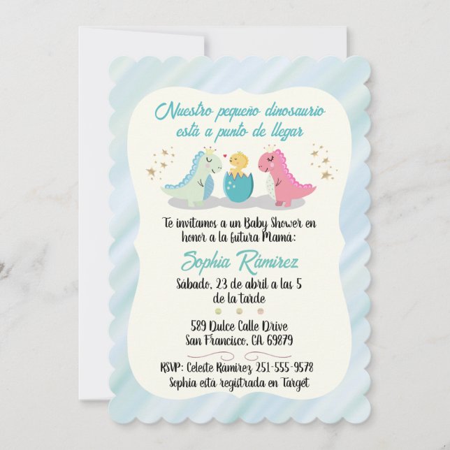 Spanisch/Español Baby Shower Dinosaurier Wasserfar Einladung (Vorderseite)