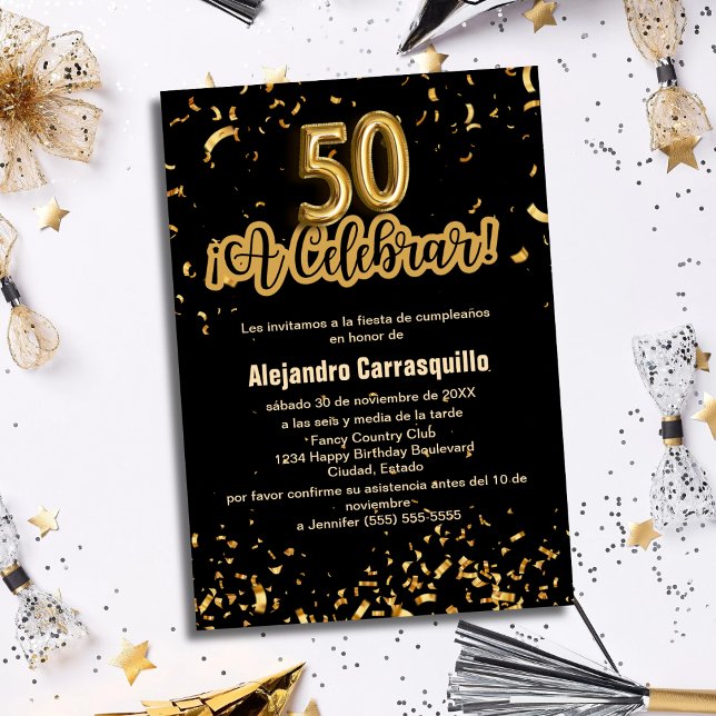 Spanisch Extravagant Black & Gold Confetti 50. Geb Einladung (Von Creator hochgeladen)