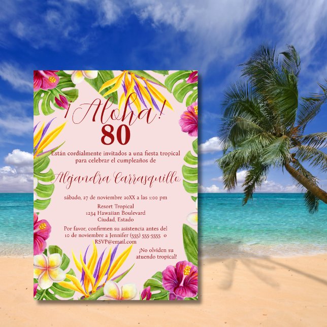 Spanisch Farbenfroh Rosa Aloha Elegant 80. Geburts Einladung (Von Creator hochgeladen)