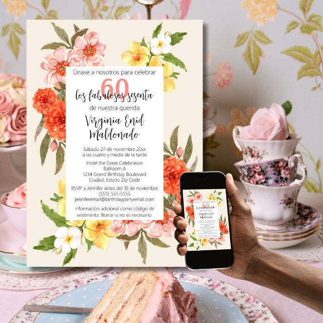 Spanisch farbenfrohe Florals Weißrahmen 60. Geburt Einladung (Von Creator hochgeladen)