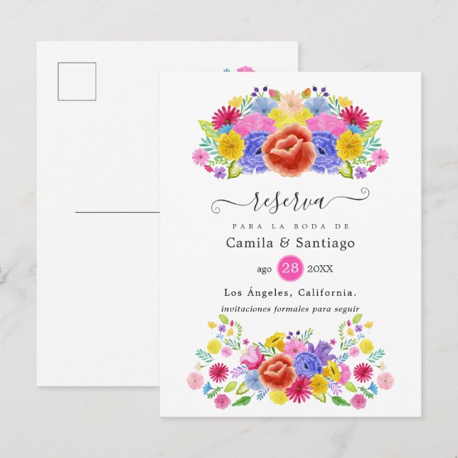 Spanisch florale Fiesta Wedding Save the Date Ankündigungspostkarte (Vorne/Hinten)